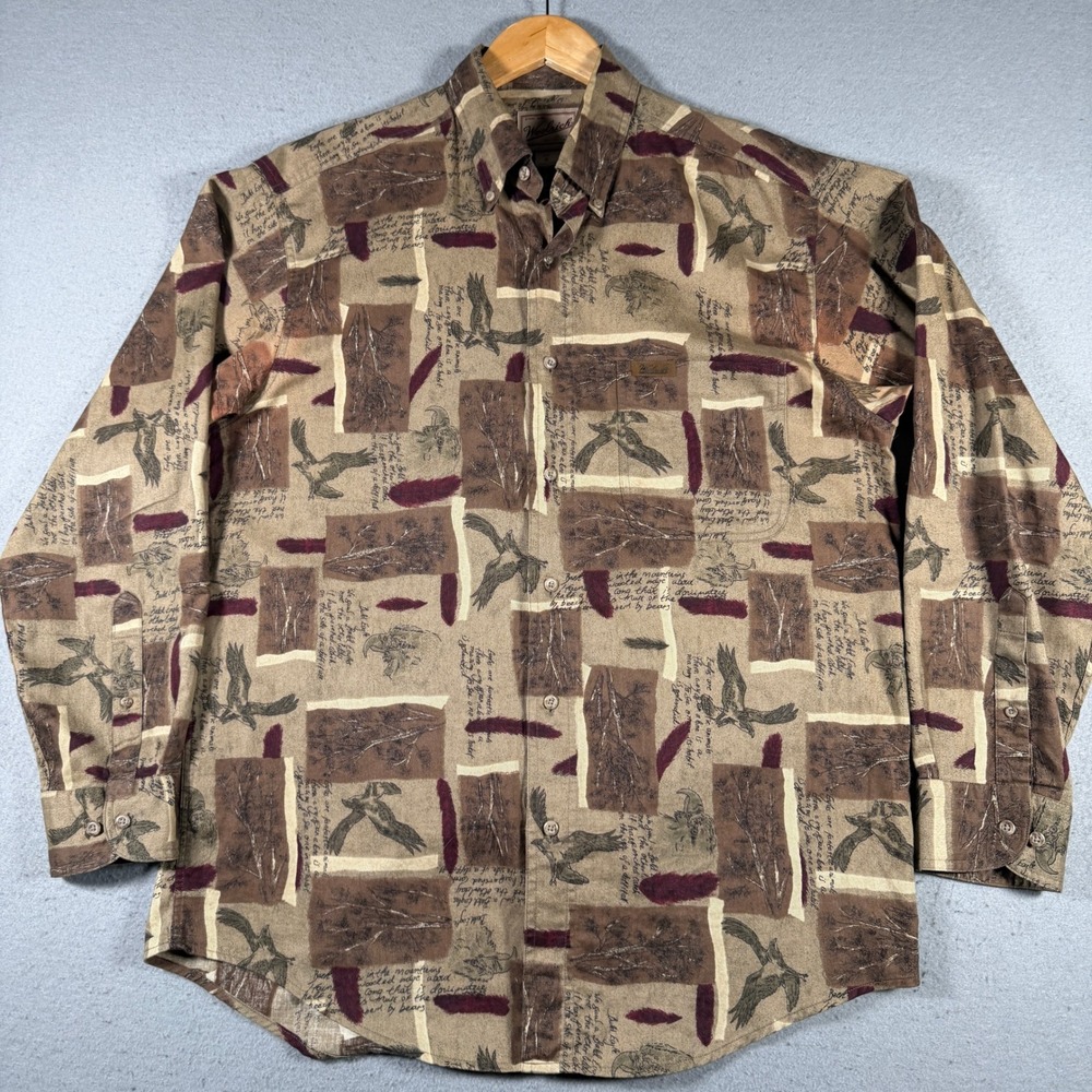 Woolrich Mens M Eagle Feather Script Print Cotton Button Down Shirt Tan Brown